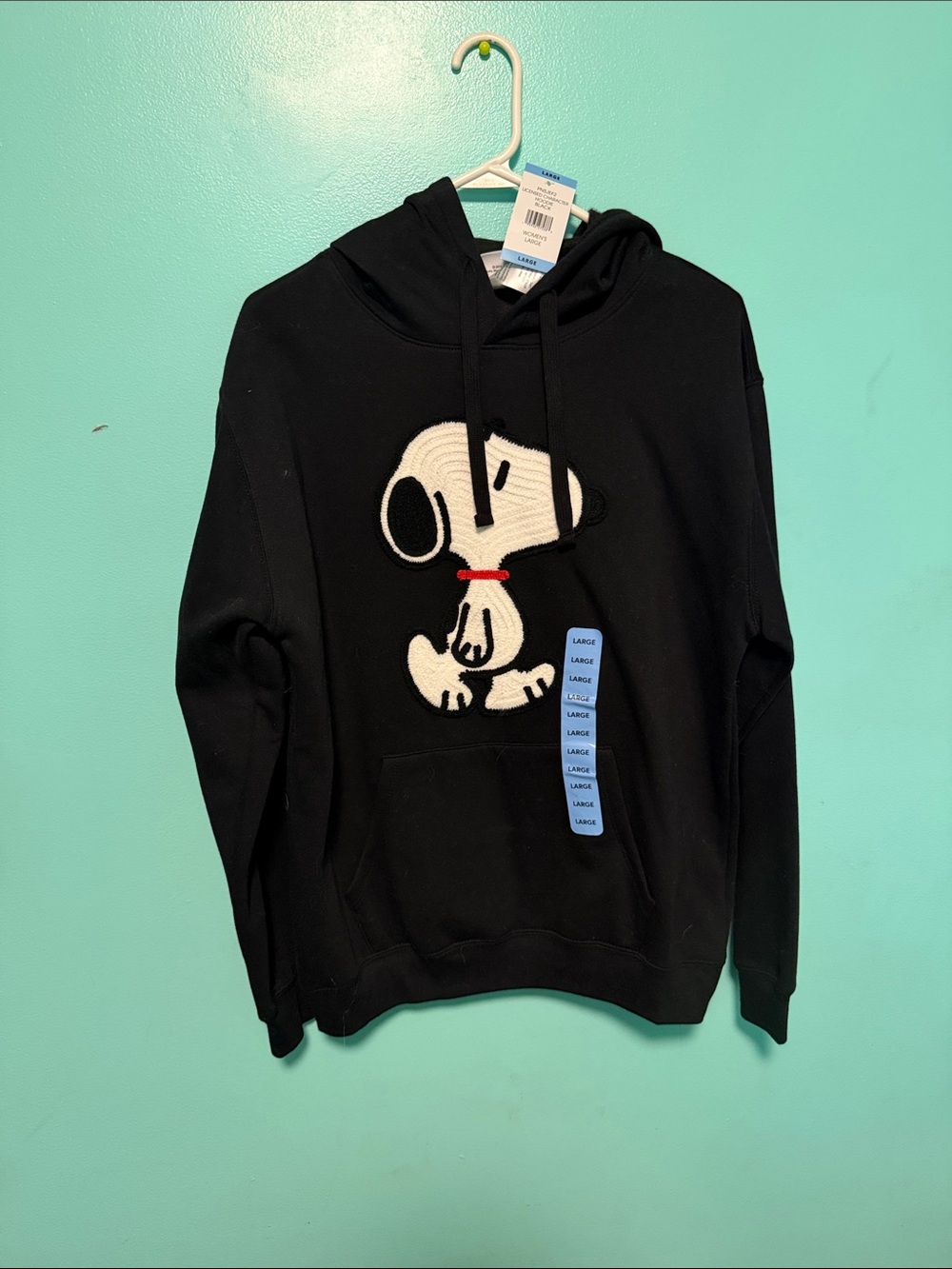 Peanuts Black Hoodie with White Snoopy and Red Collar Accent